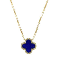 14K White Gold Lapis Diamond Halo Clover Pendant