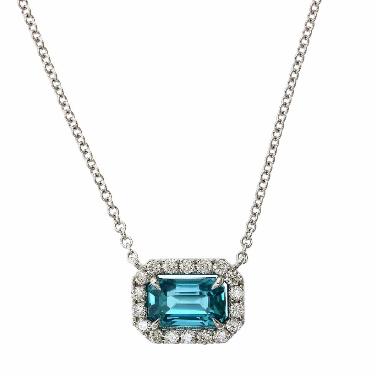 18K White Gold Blue Zircon Diamond Halo Necklace, 18k white gold, Long's Jewelers