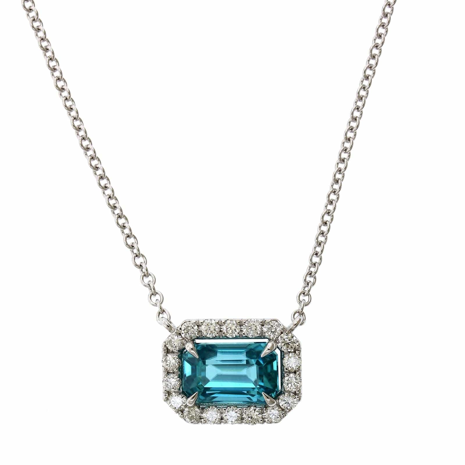 18K White Gold Blue Zircon Diamond Halo Necklace, 18k white gold, Long's Jewelers