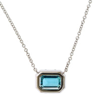18K White Gold Blue Zircon Diamond Halo Necklace, 18k white gold, Long's Jewelers