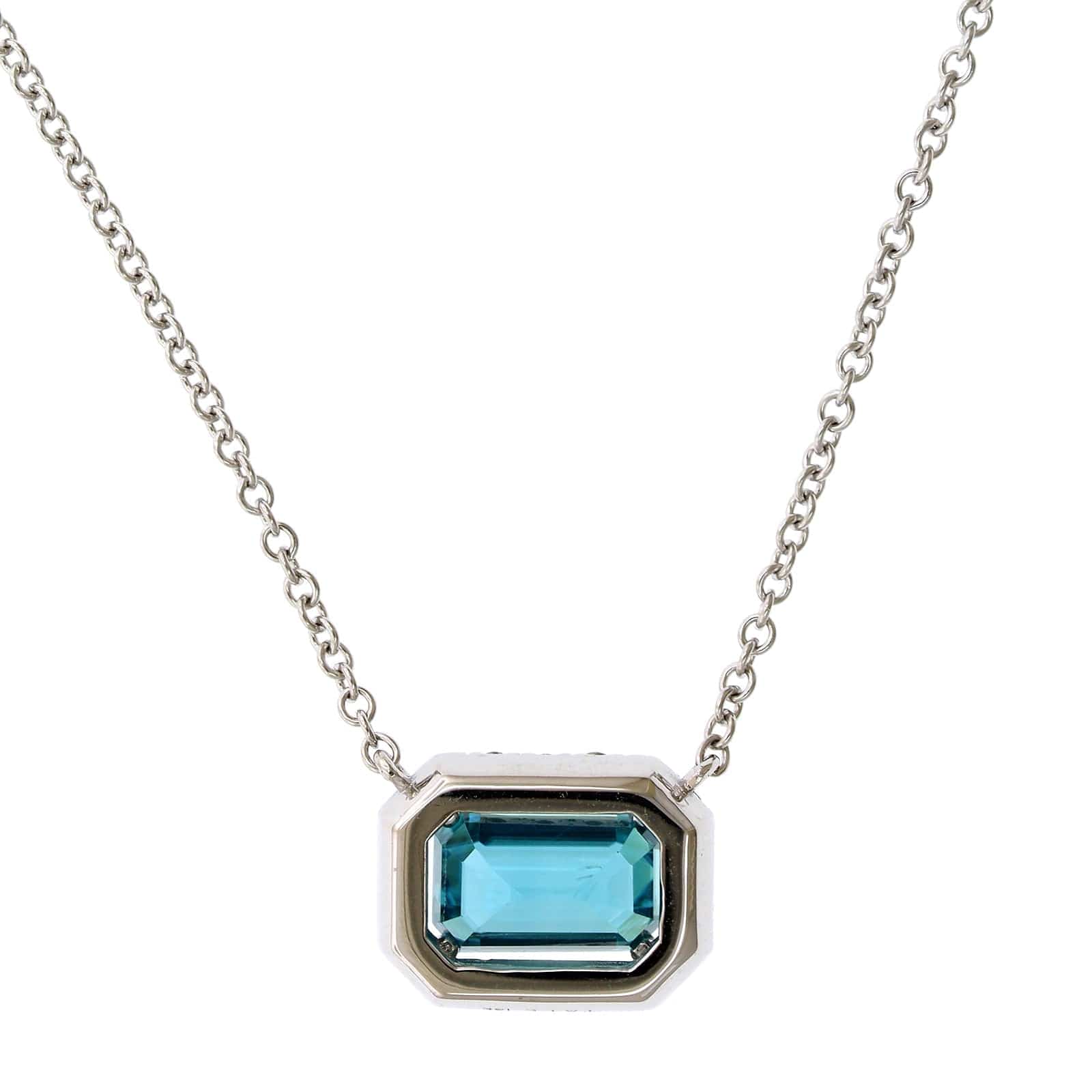 18K White Gold Blue Zircon Diamond Halo Necklace, 18k white gold, Long's Jewelers