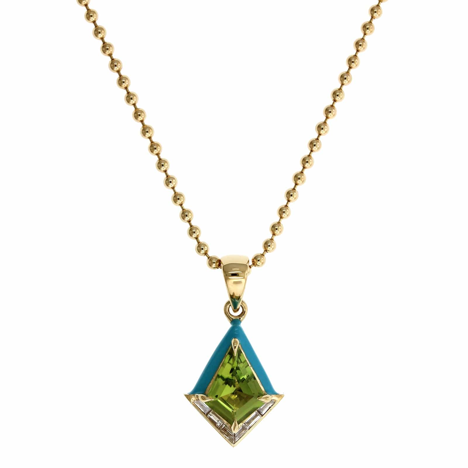 18K Yellow Gold Peridot Blue Enamel Stud Pendant