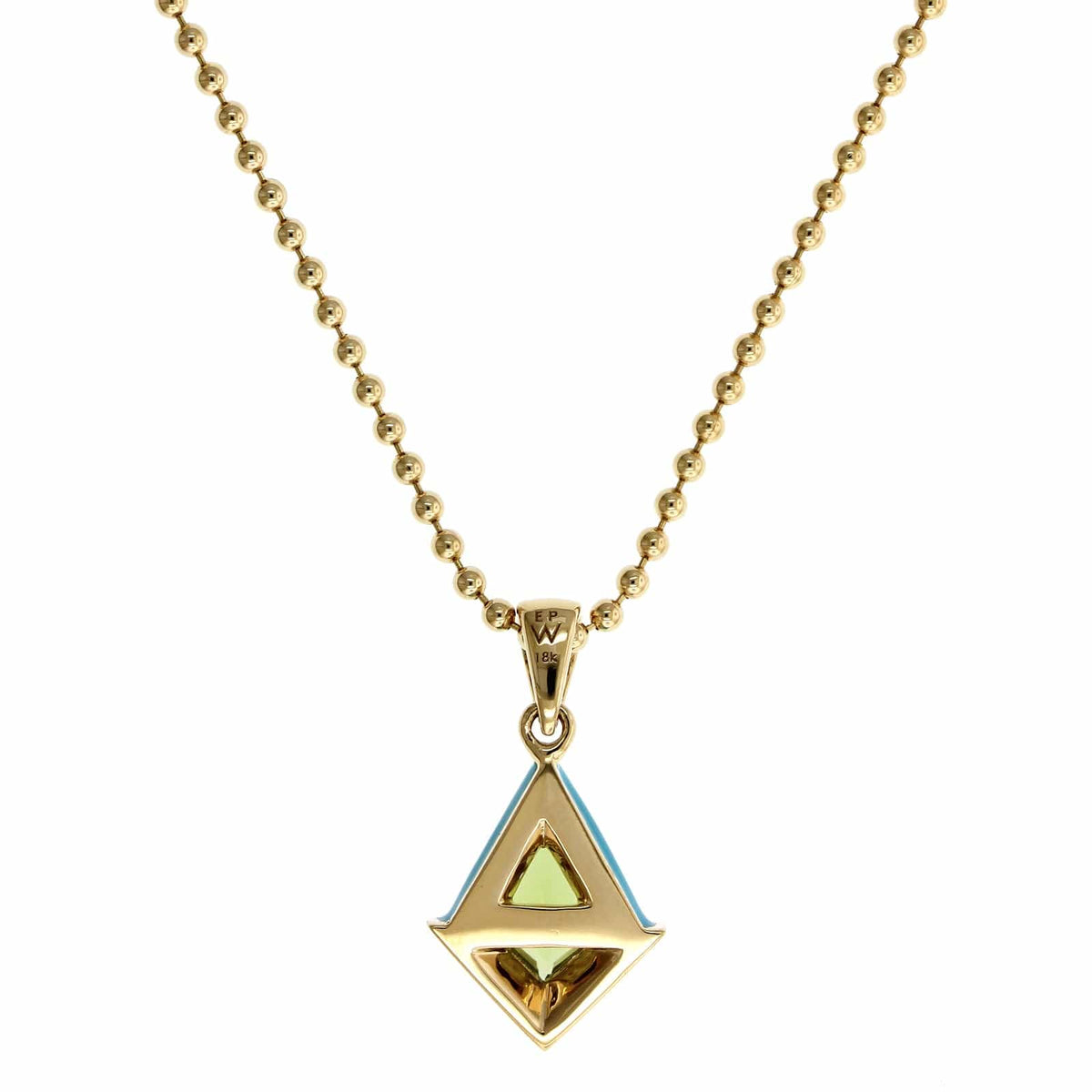 18K Yellow Gold Peridot Blue Enamel Stud Pendant