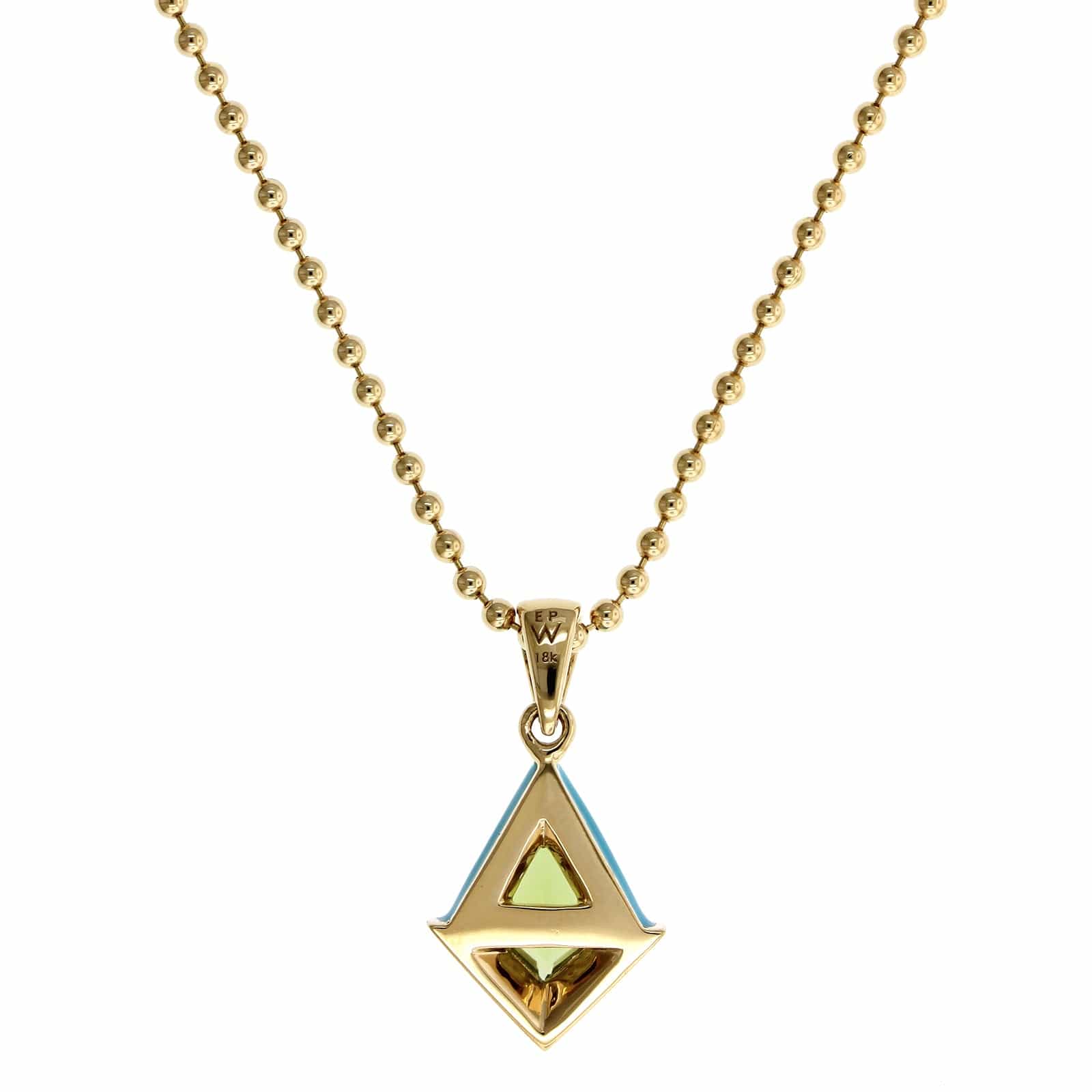 18K Yellow Gold Peridot Blue Enamel Stud Pendant