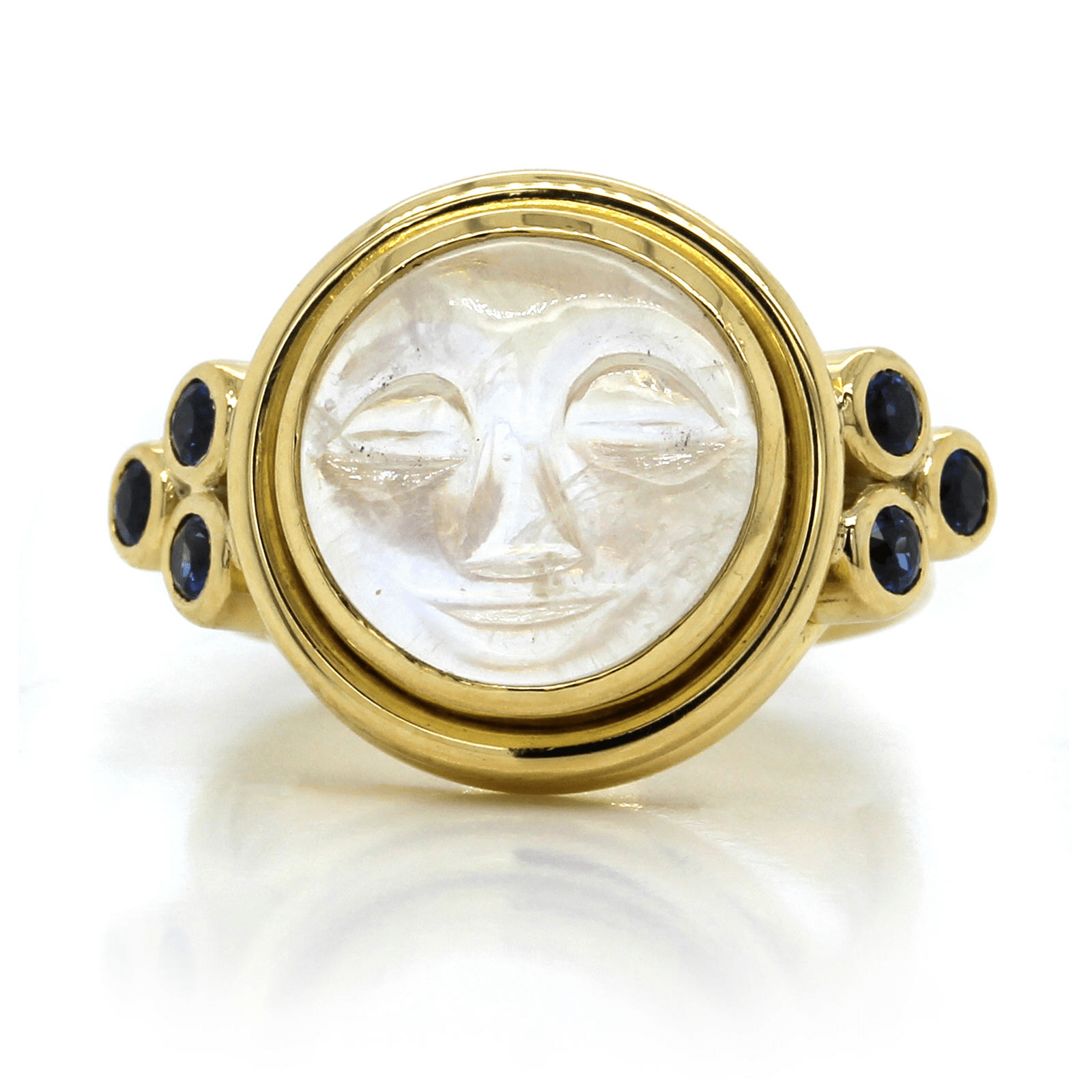 18K Yellow Gold Moon Face Moonstone with Sapphire Ring