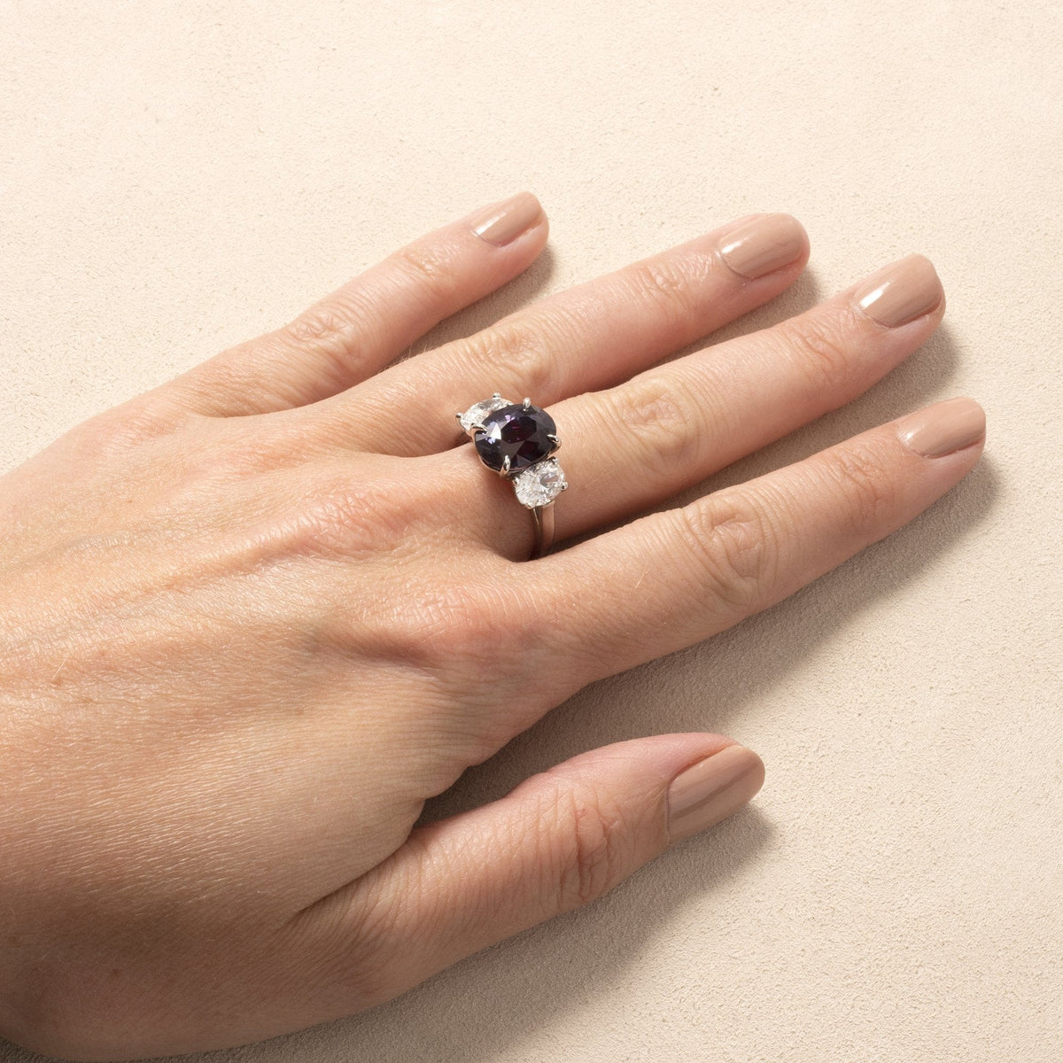 Platinum Alexandrite and Diamond Three Stone Ring