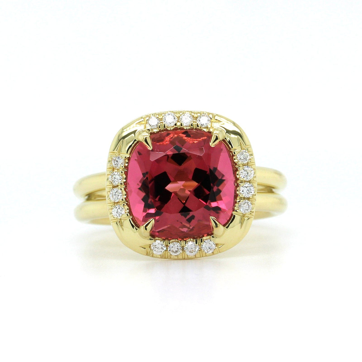18K Yellow Gold Pink Tourmaline Diamond Halo Ring