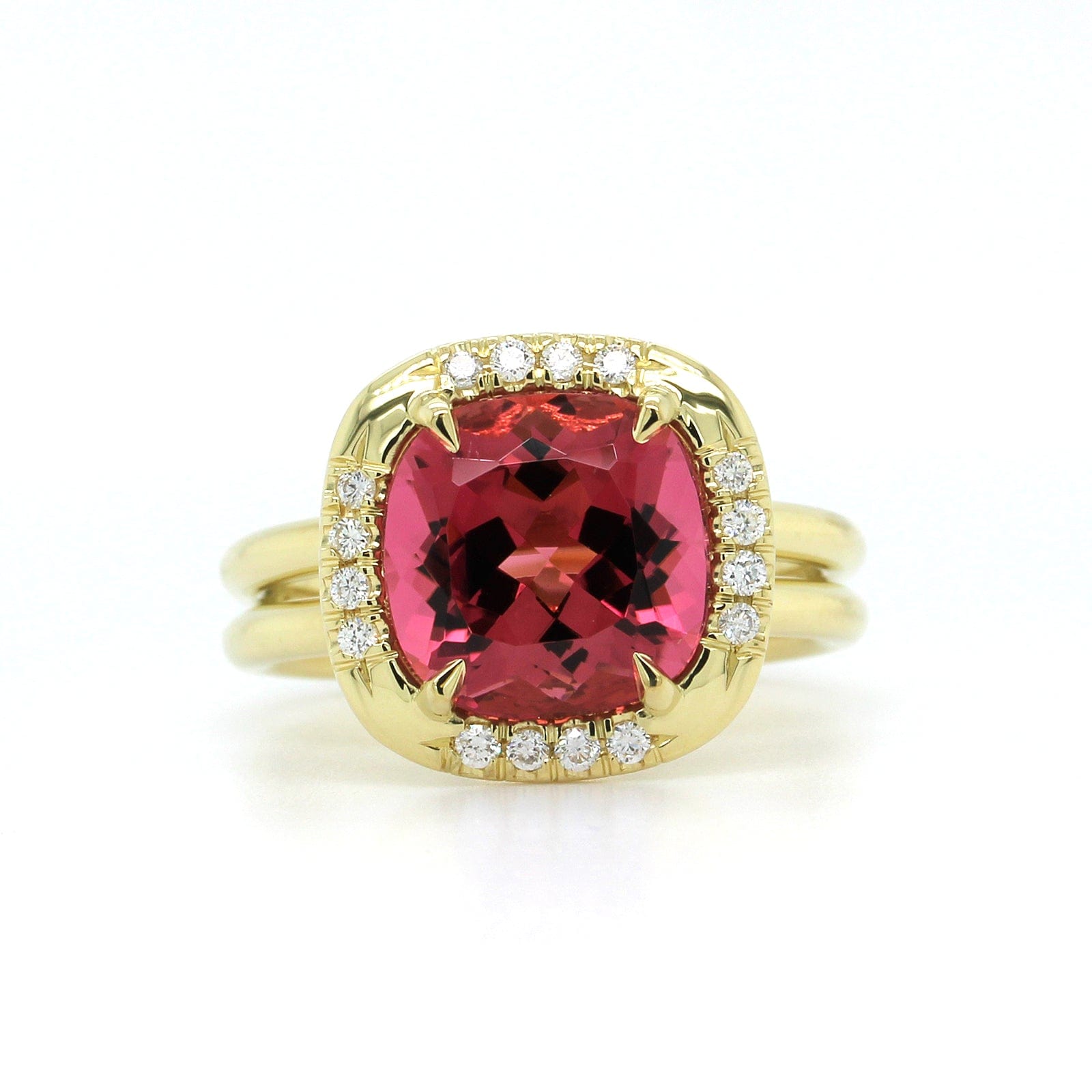 18K Yellow Gold Pink Tourmaline Diamond Halo Ring