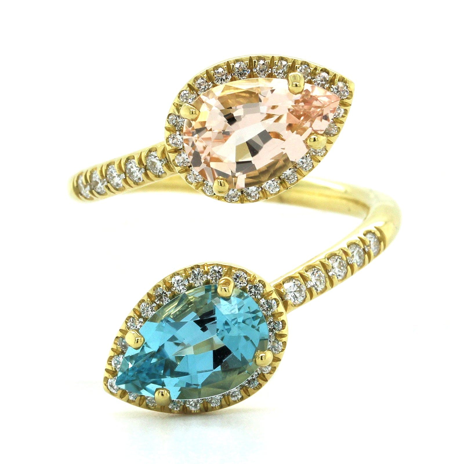 18K Yellow Gold Morganite and Aquamarine Bypass Ring, 18k yellow gold, Long's Jewelers