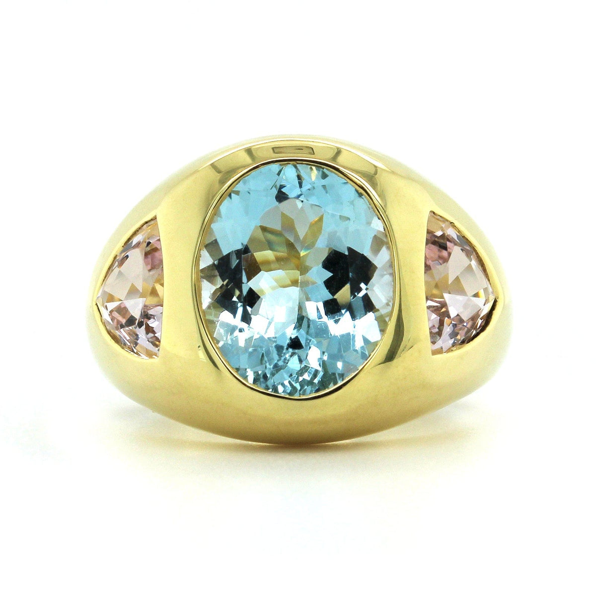 18K Yellow Gold Gypsy Aquamarine and Morganite Ring, 18k yellow gold, Long's Jewelers