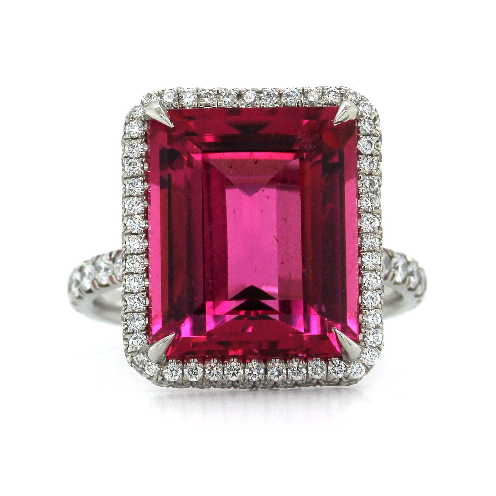 Platinum Emerald Cut Rubellite Diamond Halo Ring, Platinum, Long's Jewelers