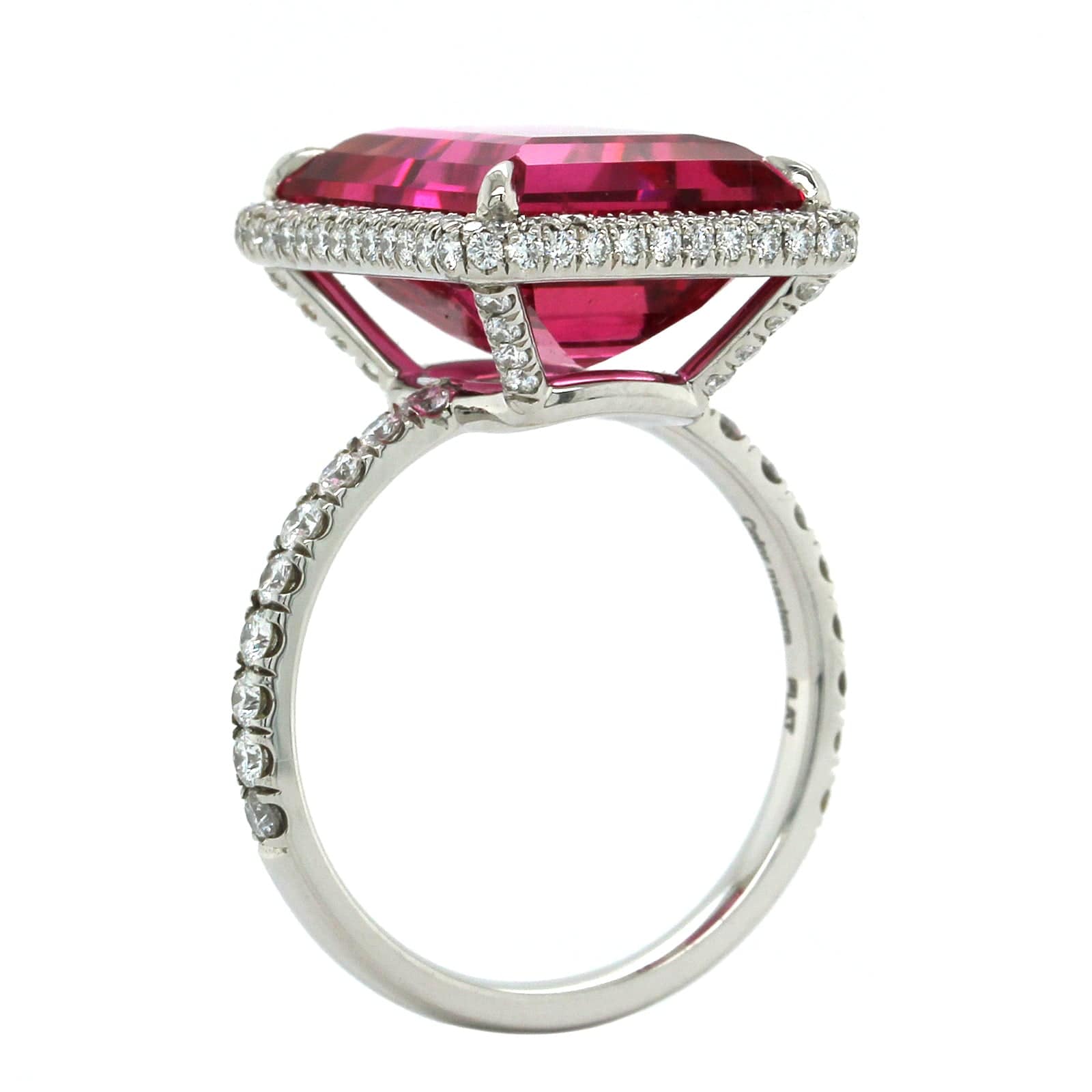 Platinum Emerald Cut Rubellite Diamond Halo Ring, Platinum, Long's Jewelers