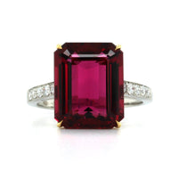 Platinum and 18K Yellow Gold Emerald Cut Rubellite and Diamond Ring, Long's Jewelers