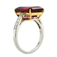 Platinum and 18K Yellow Gold Emerald Cut Rubellite and Diamond Ring, Long's Jewelers