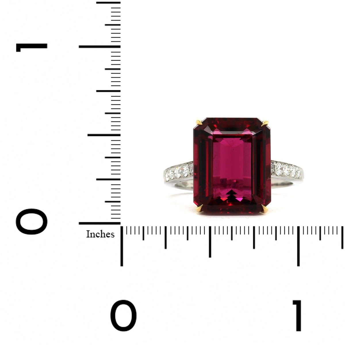 Platinum and 18K Yellow Gold Emerald Cut Rubellite and Diamond Ring, Long's Jewelers
