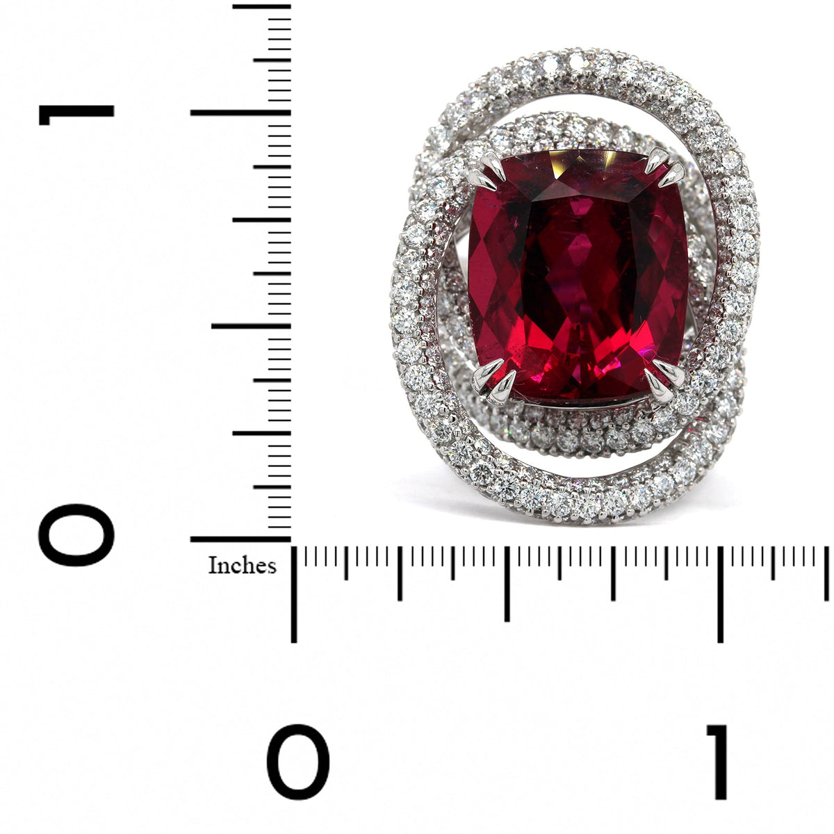 18K White Gold Cushion Red Rubellite Diamond Ring, 18k white gold, Long's Jewelers