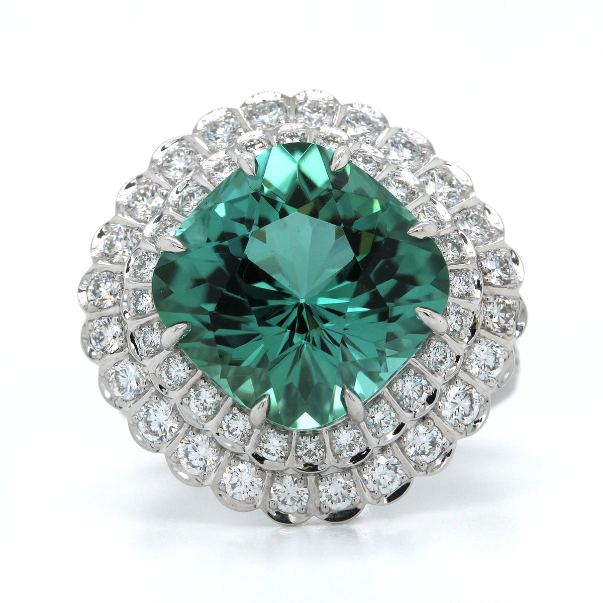 18K White Gold Green Tourmaline Diamond Halo Ring, 18k white gold, Long's Jewelers