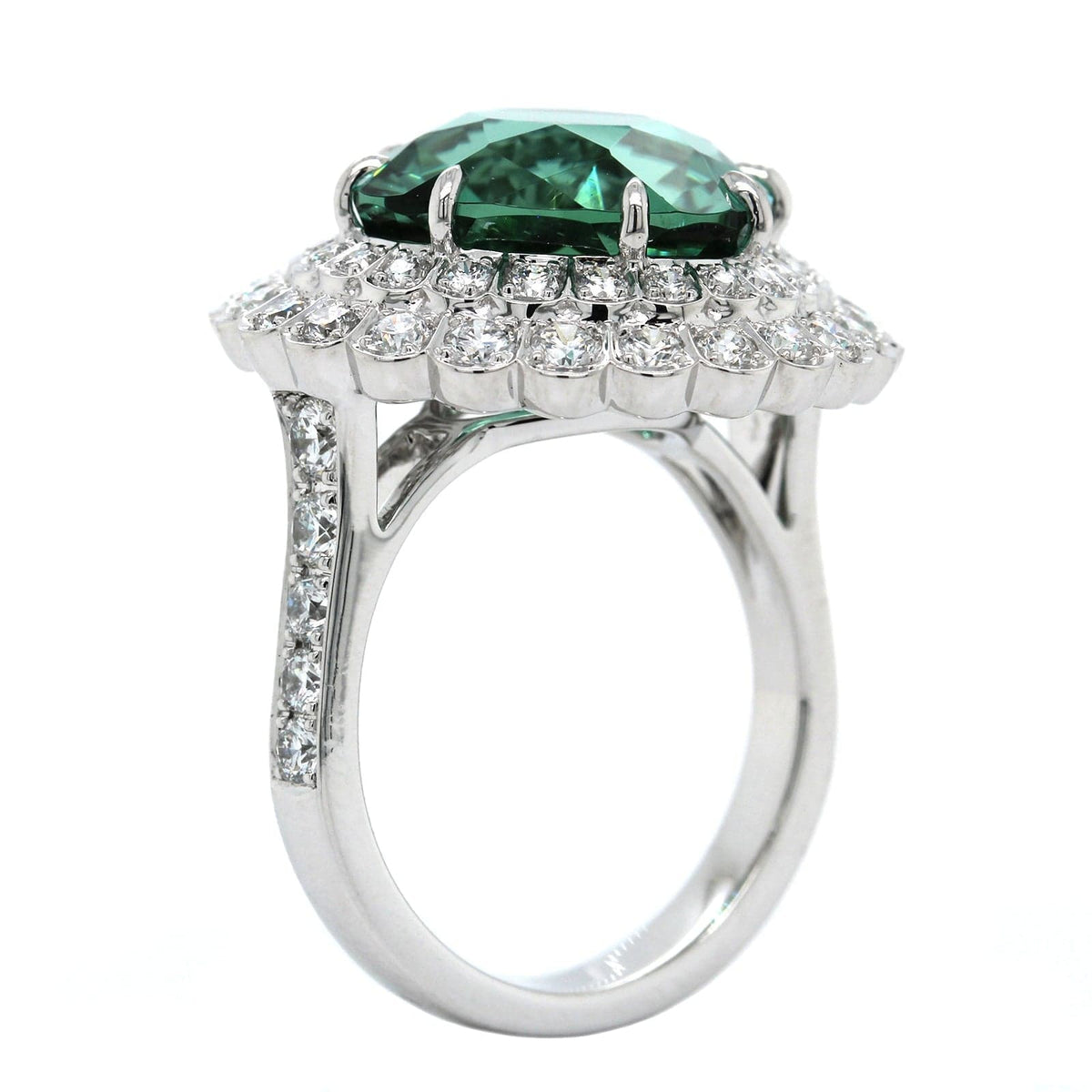 18K White Gold Green Tourmaline Diamond Halo Ring, 18k white gold, Long's Jewelers
