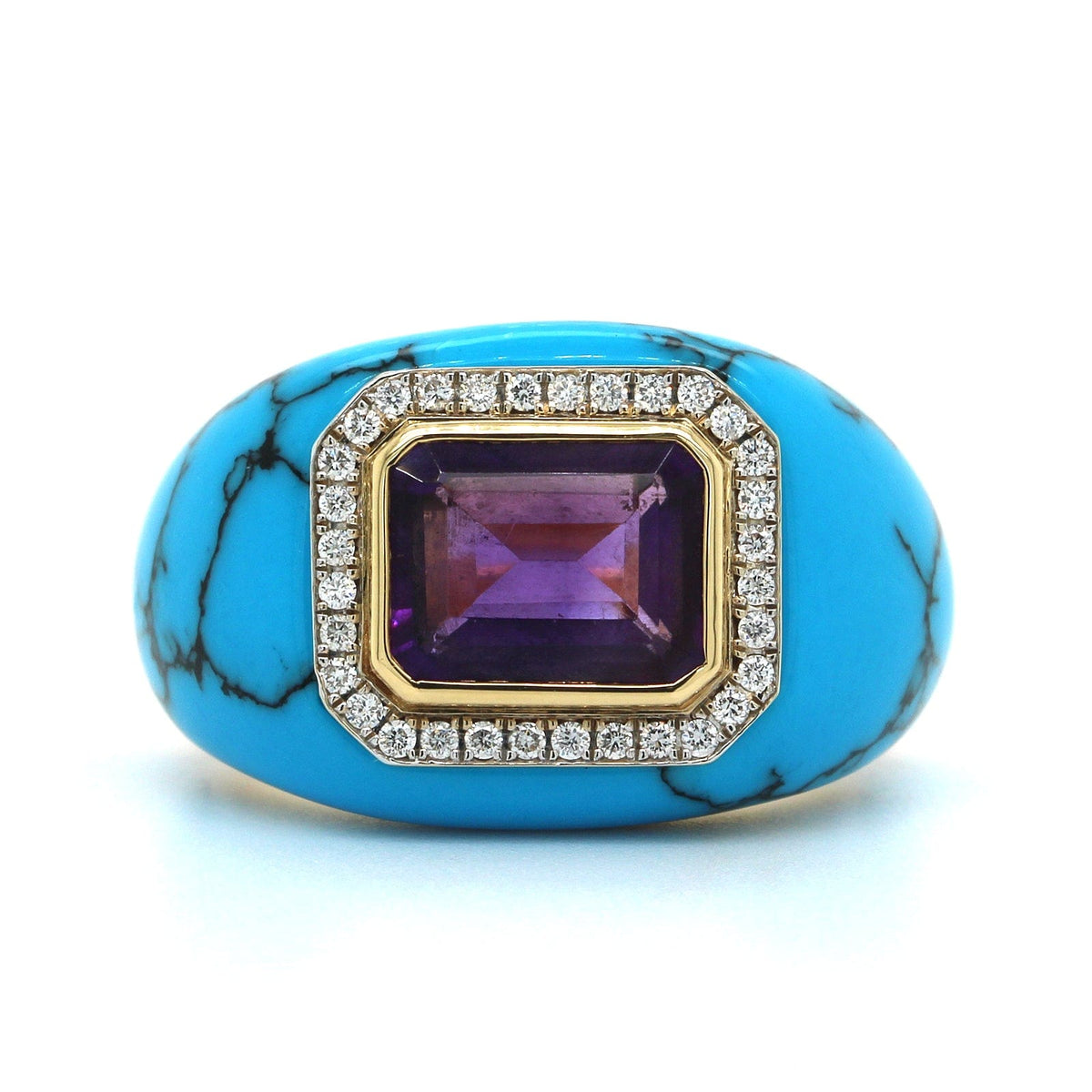 18K Yellow Gold Turquoise and Amethyst Chubby Ring