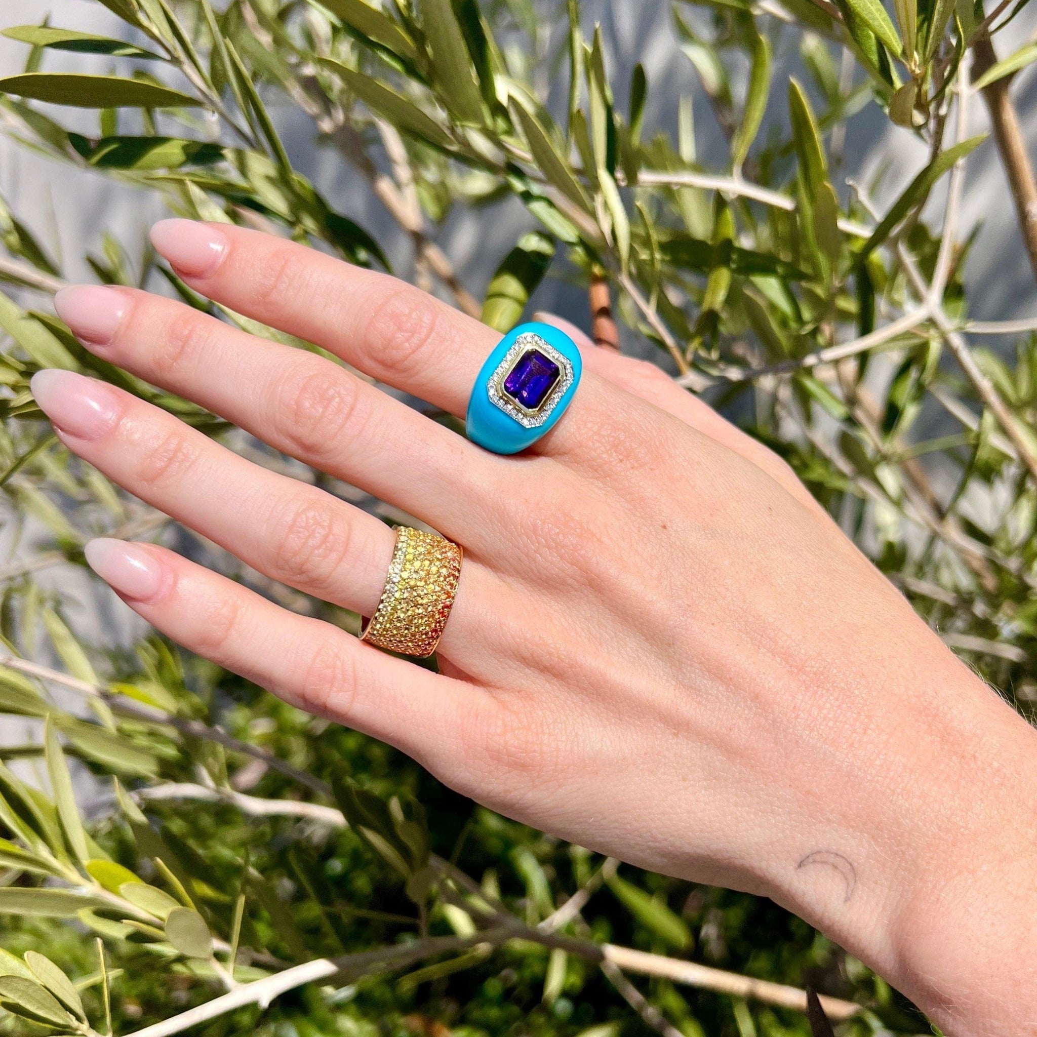 18K Yellow Gold Turquoise and Amethyst Chubby Ring