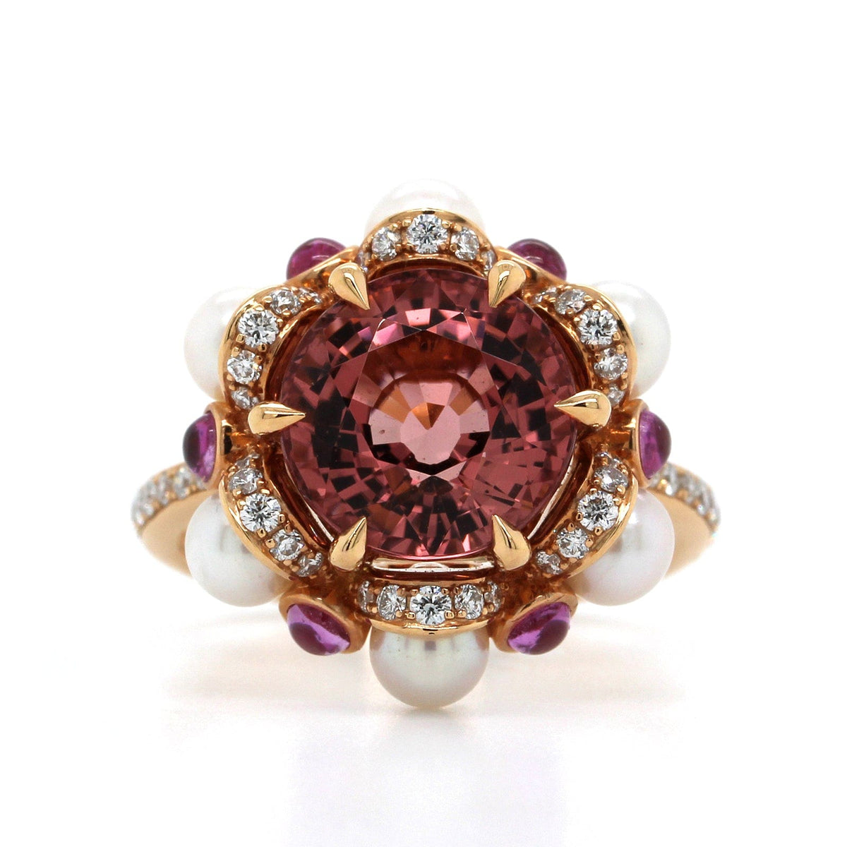 18K Rose Gold Pink Tourmaline and Sapphire Pearl Ring