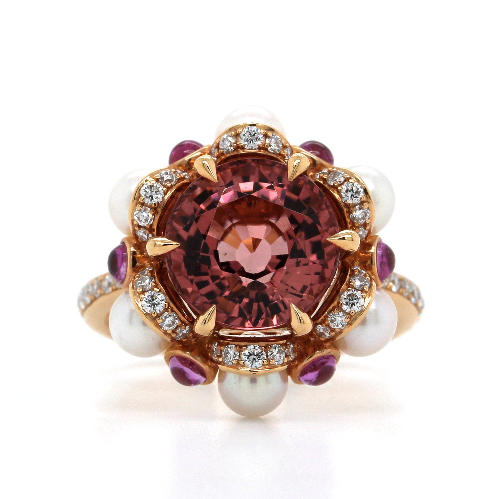 18K Rose Gold Pink Tourmaline and Sapphire Pearl Ring