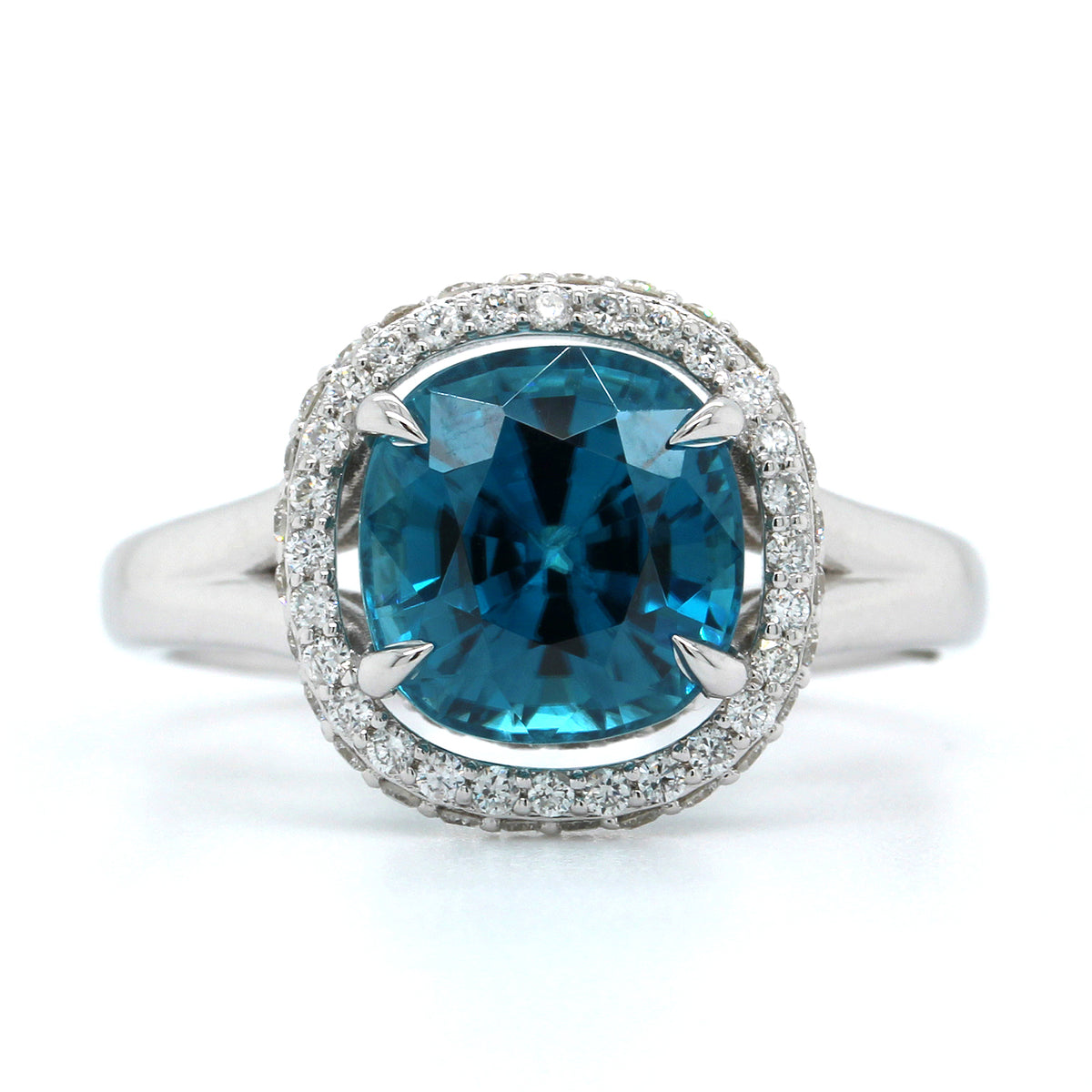 18K White Gold Blue Zircon and Diamond Halo Ring