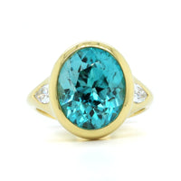 18K Yellow Gold Blue Zircon Diamond 3 Stone Ring
