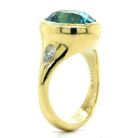 18K Yellow Gold Blue Zircon Diamond 3 Stone Ring
