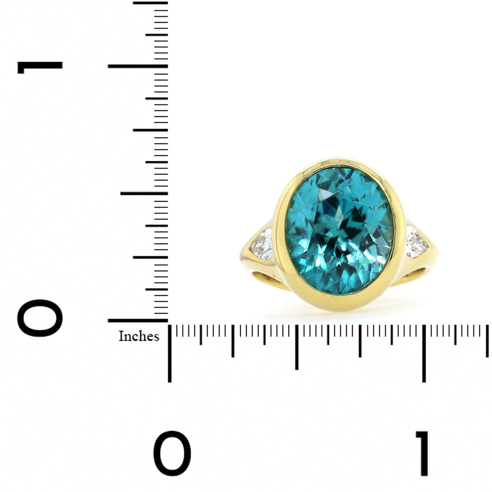 18K Yellow Gold Blue Zircon Diamond 3 Stone Ring