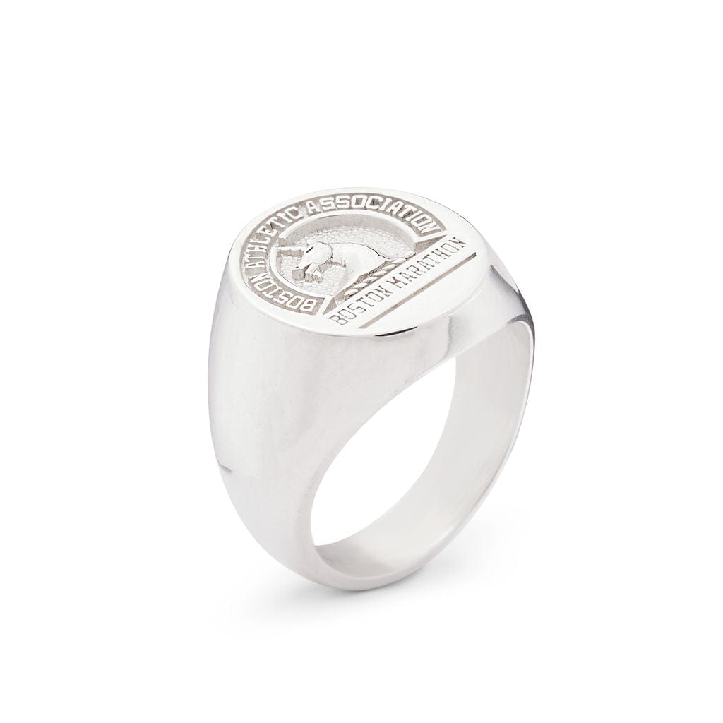 Men's Oval Sterling Silver Boston Marathon® Ring with Stylized Unicorn Logo, Silver, Long's Jewelers