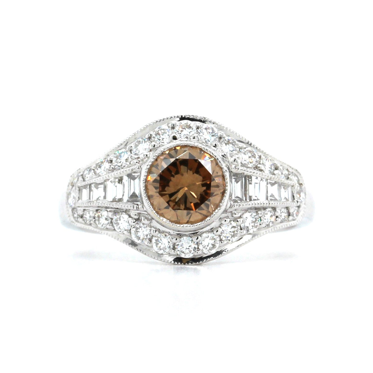 18K White Gold Vintage Style Brown Diamond Ring