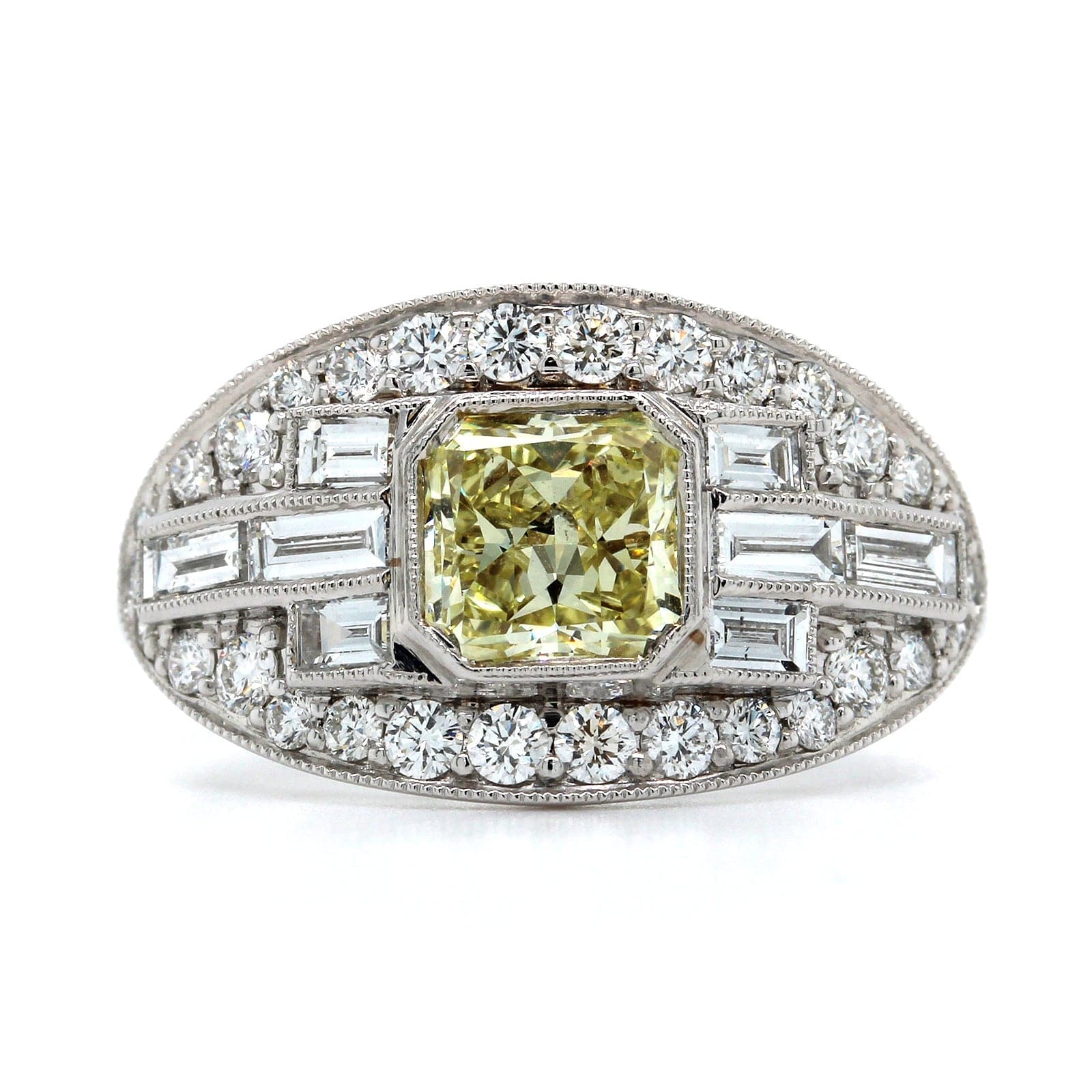 18K White Gold Fancy Yellow Diamond Vintage Style Engagement Ring