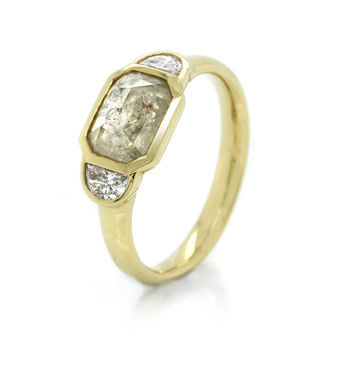 18K Yellow Gold Rose Cut Bezel Set Ring with Half Moon Diamond Sides