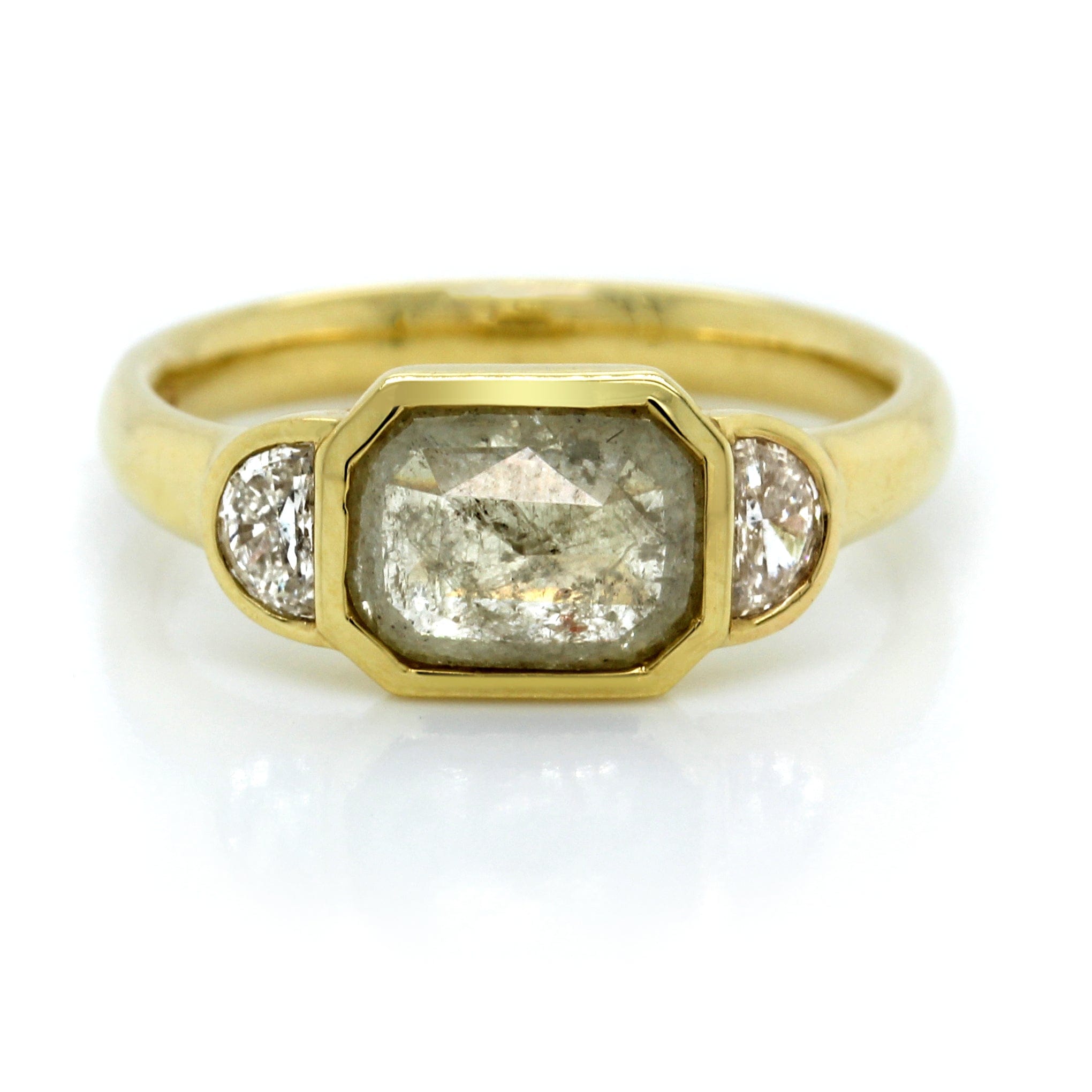 18K Yellow Gold Rose Cut Bezel Set Ring with Half Moon Diamond Sides