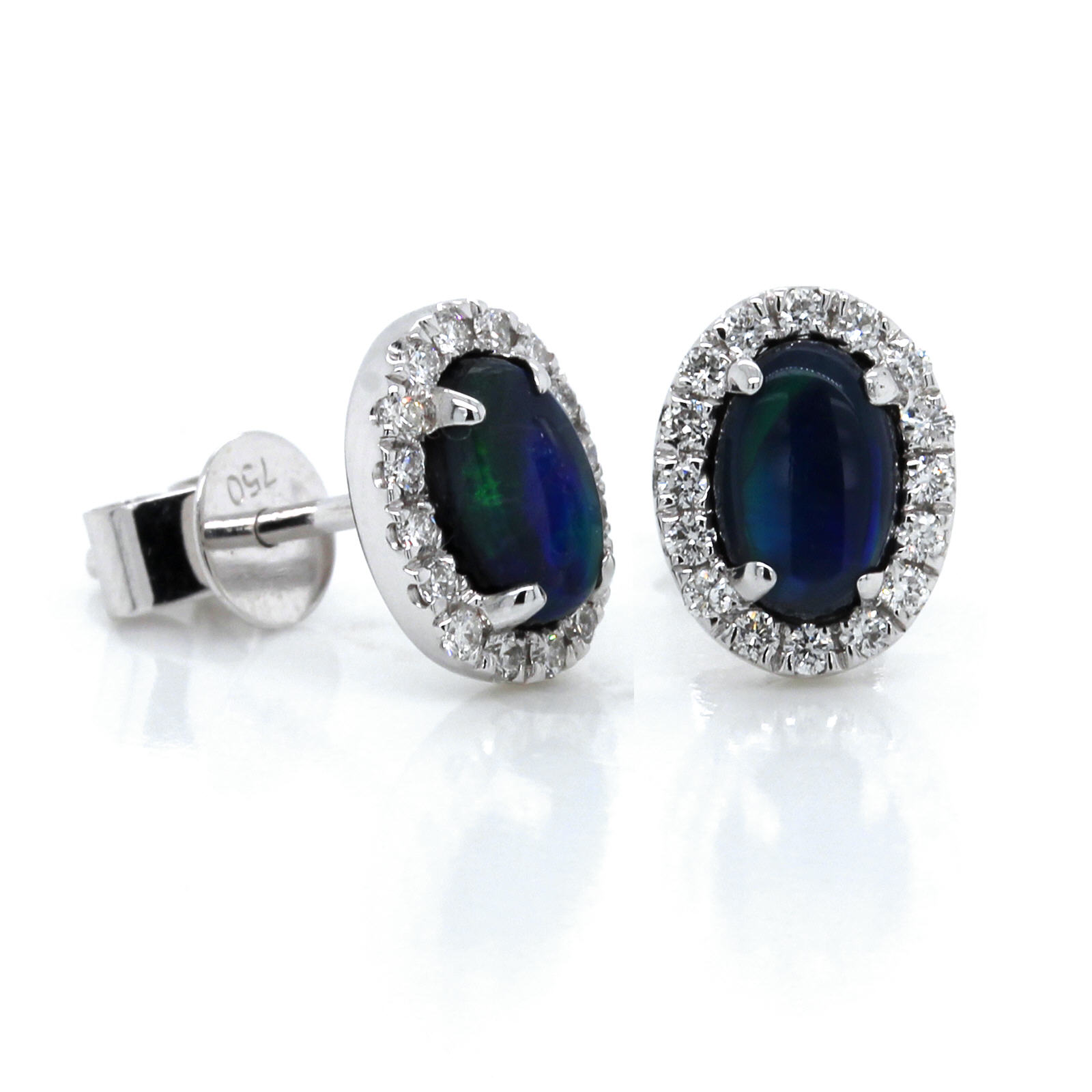 18K White Gold Oval Opal Diamond Halo Stud Earrings, Long's Jewelers