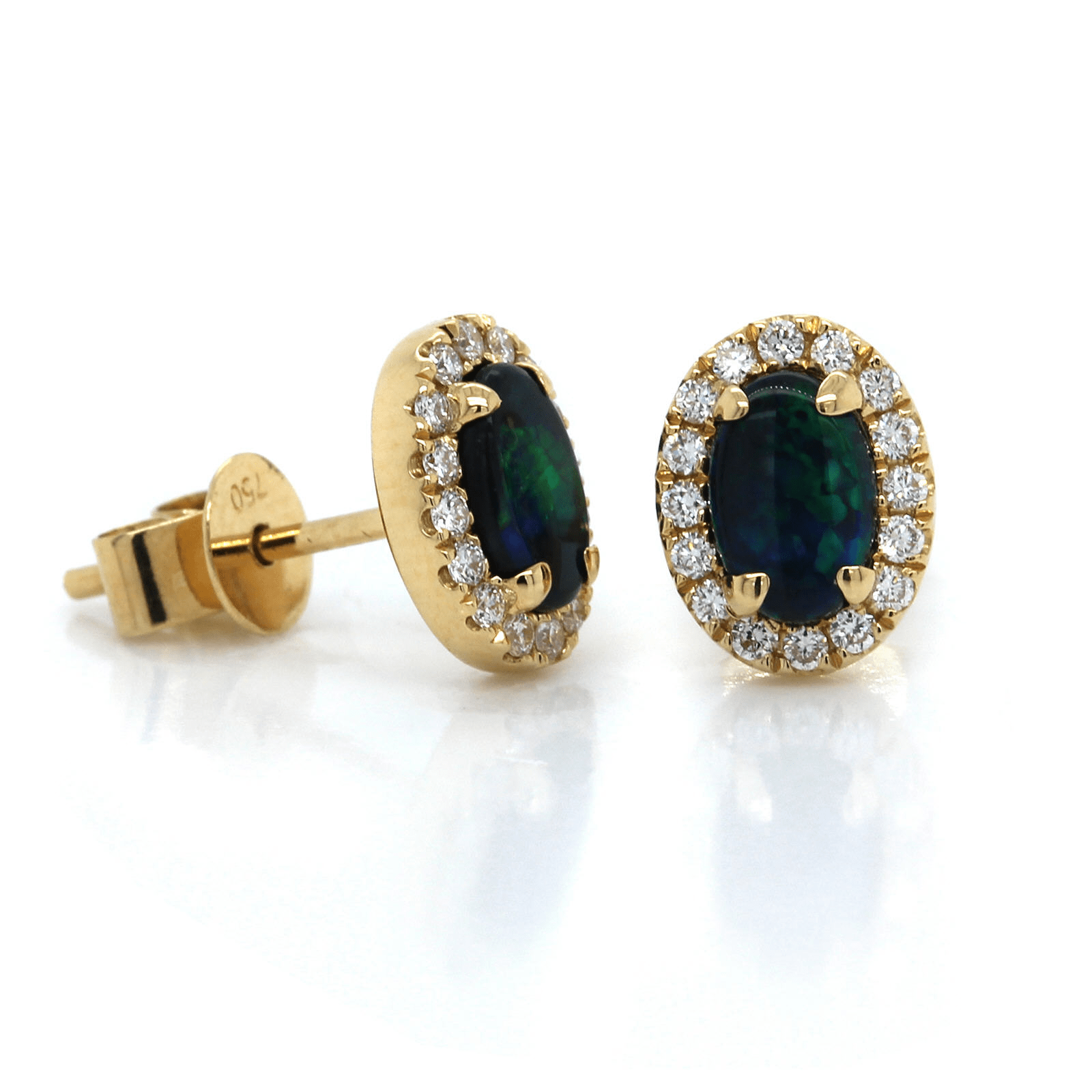 18K Yellow Gold Oval Opal Diamond Halo Stud Earrings, Long's Jewelers