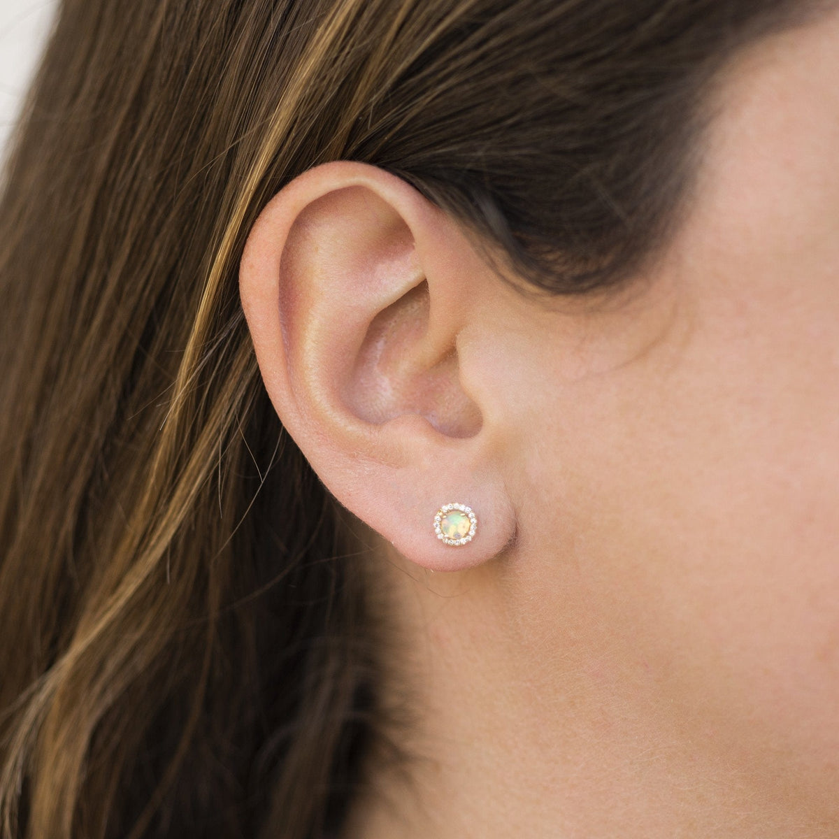 14K Yellow Gold Opal Diamond Halo Stud Earrings