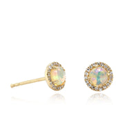 14K Yellow Gold Opal Diamond Halo Stud Earrings
