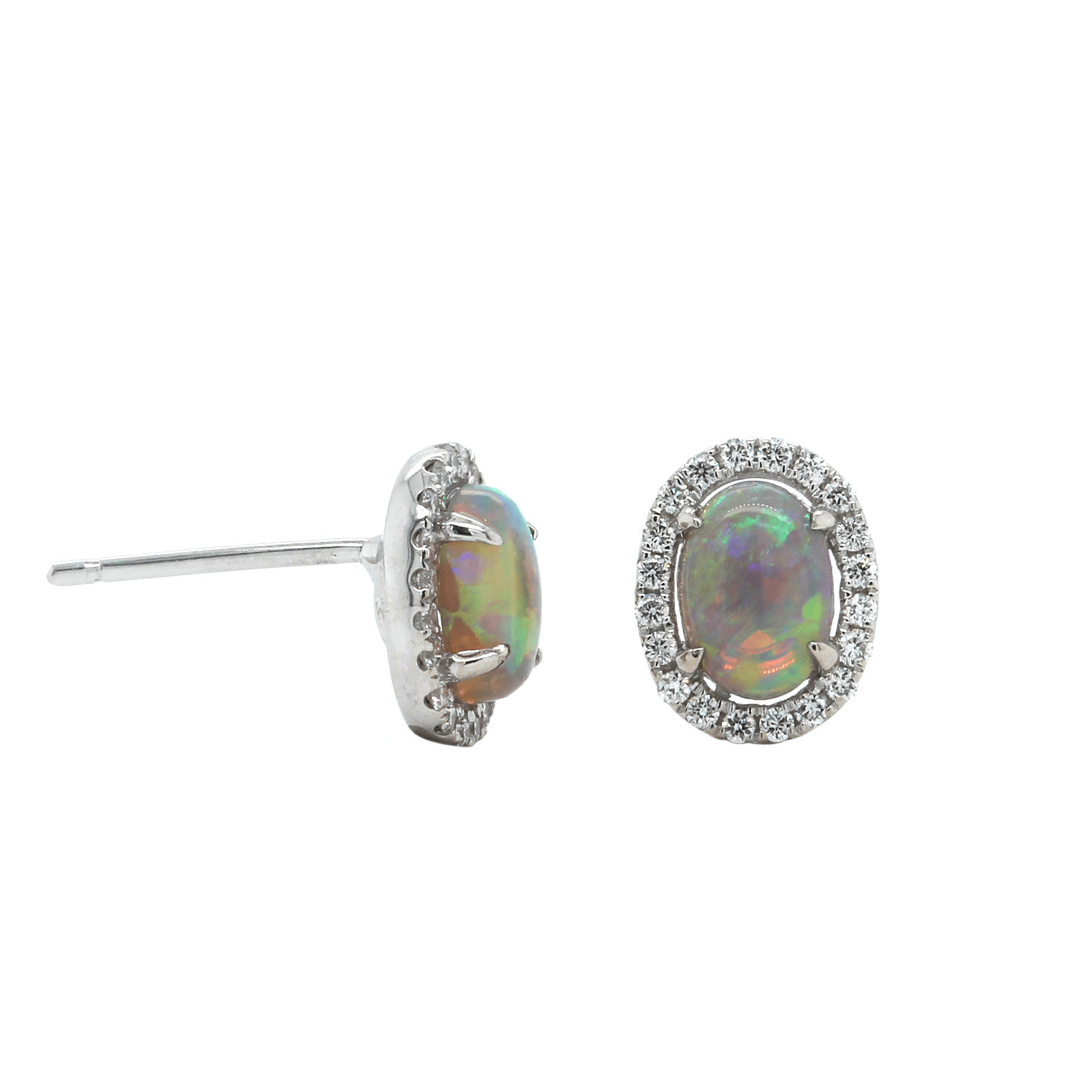 18K White Gold Oval Opal Diamond Halo Stud Earrings, Long's Jewelers