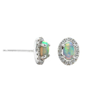 18K White Gold Opal and Diamond Halo Stud Earrings
