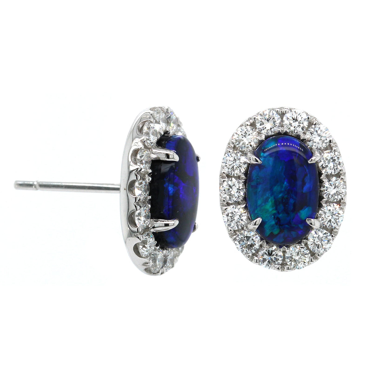 18K White Gold Opal Diamond Halo Stud Earrings, Long's Jewelers