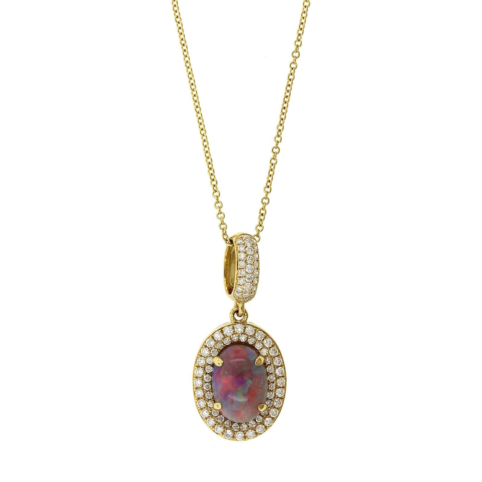 18K Yellow Gold Oval Opal and Diamond Pendant