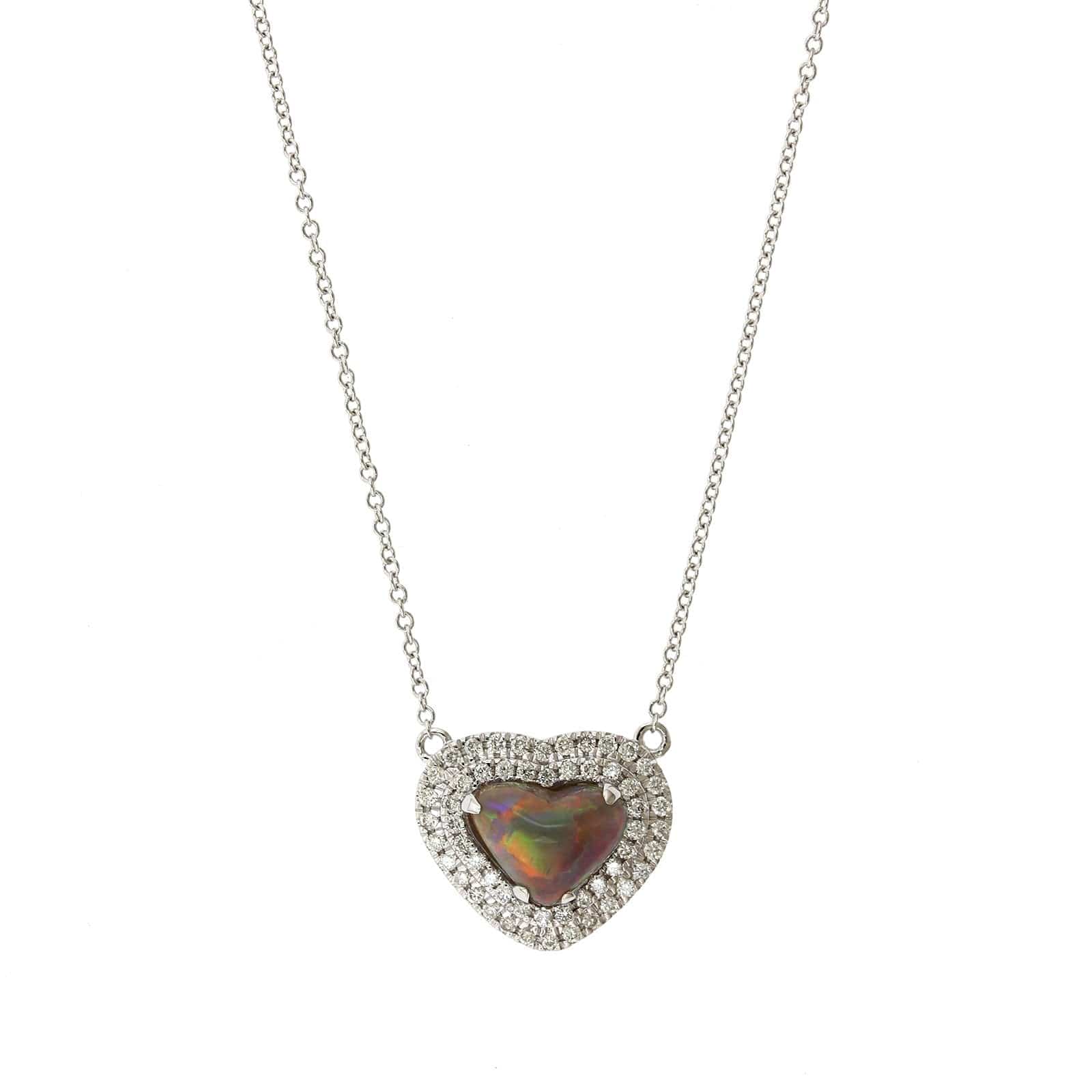 18K White Gold Heart Shape Opal and Diamond Pendant