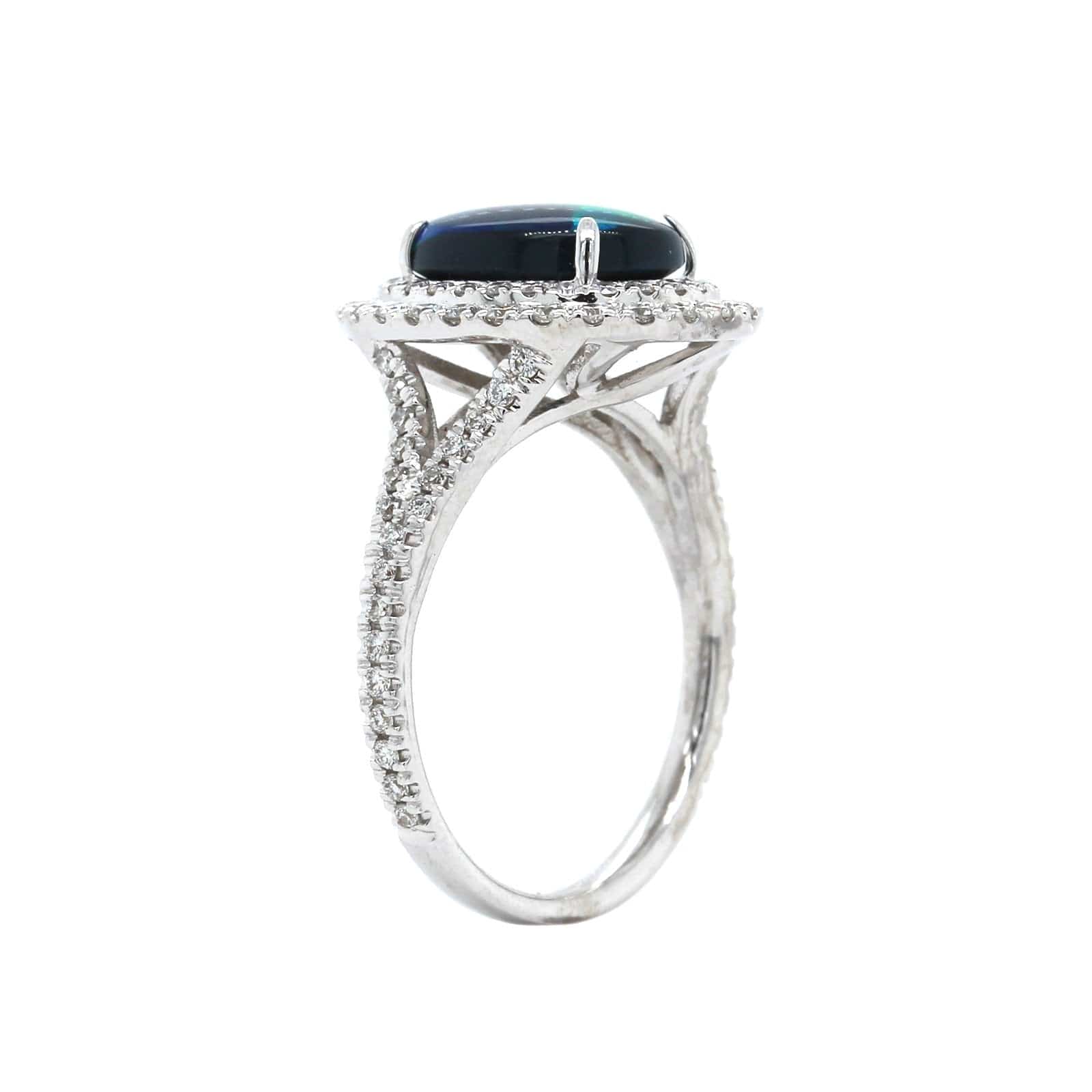 18K White Gold Oval Black Opal and Diamond Halo Ring