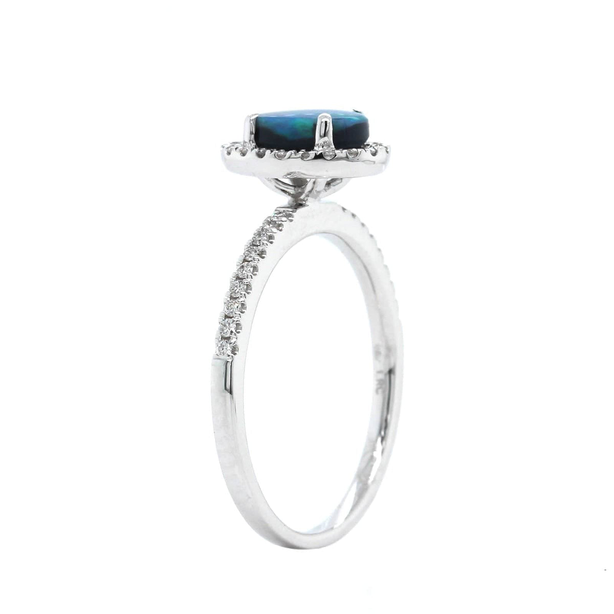 18K White Gold Oval Black Opal and Diamond Halo Ring