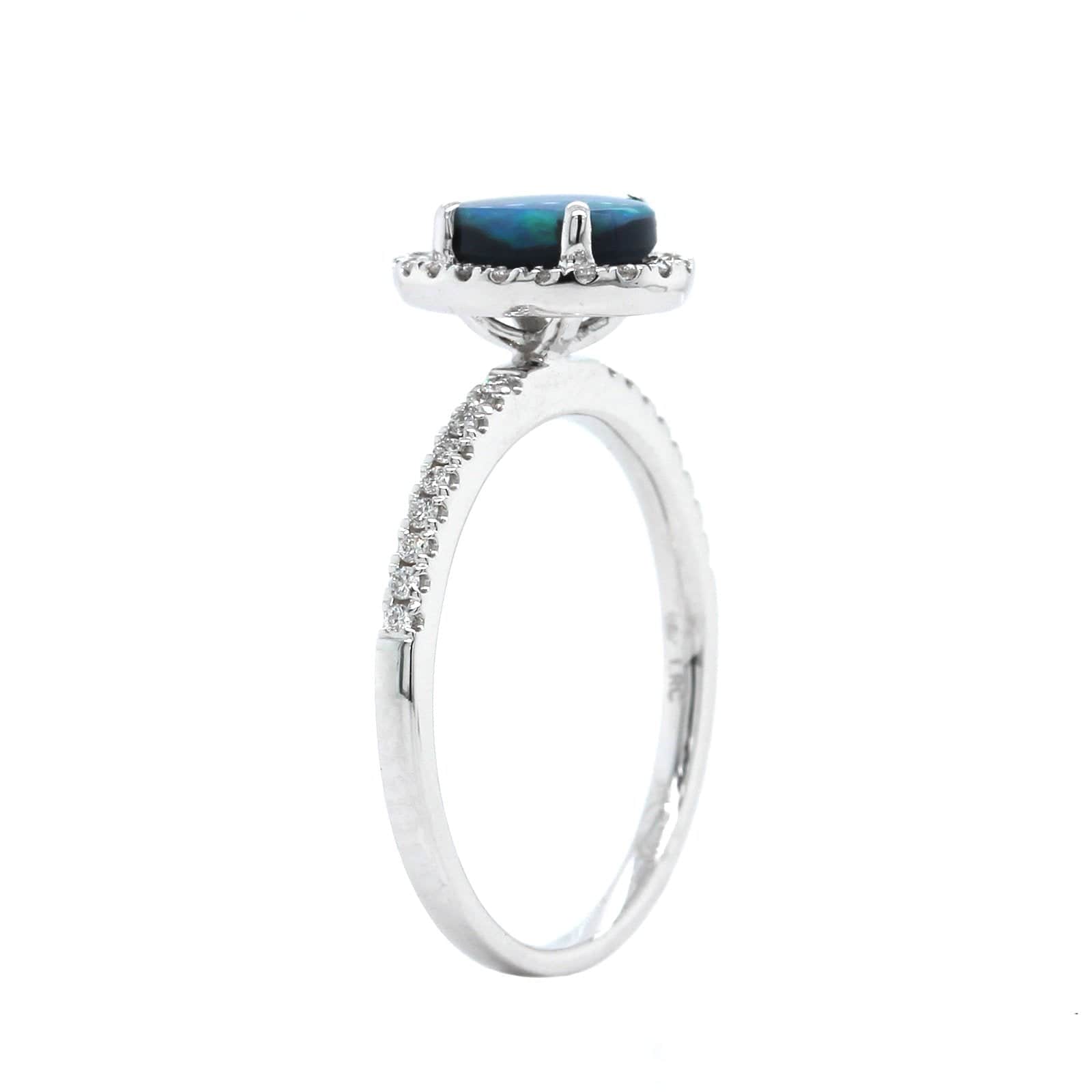 18K White Gold Oval Black Opal and Diamond Halo Ring
