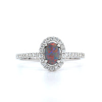 18K White Gold Oval Black Opal and Diamond Halo Ring