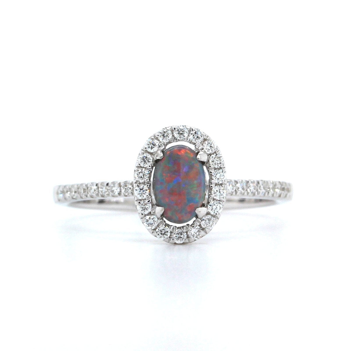 18K White Gold Oval Black Opal and Diamond Halo Ring