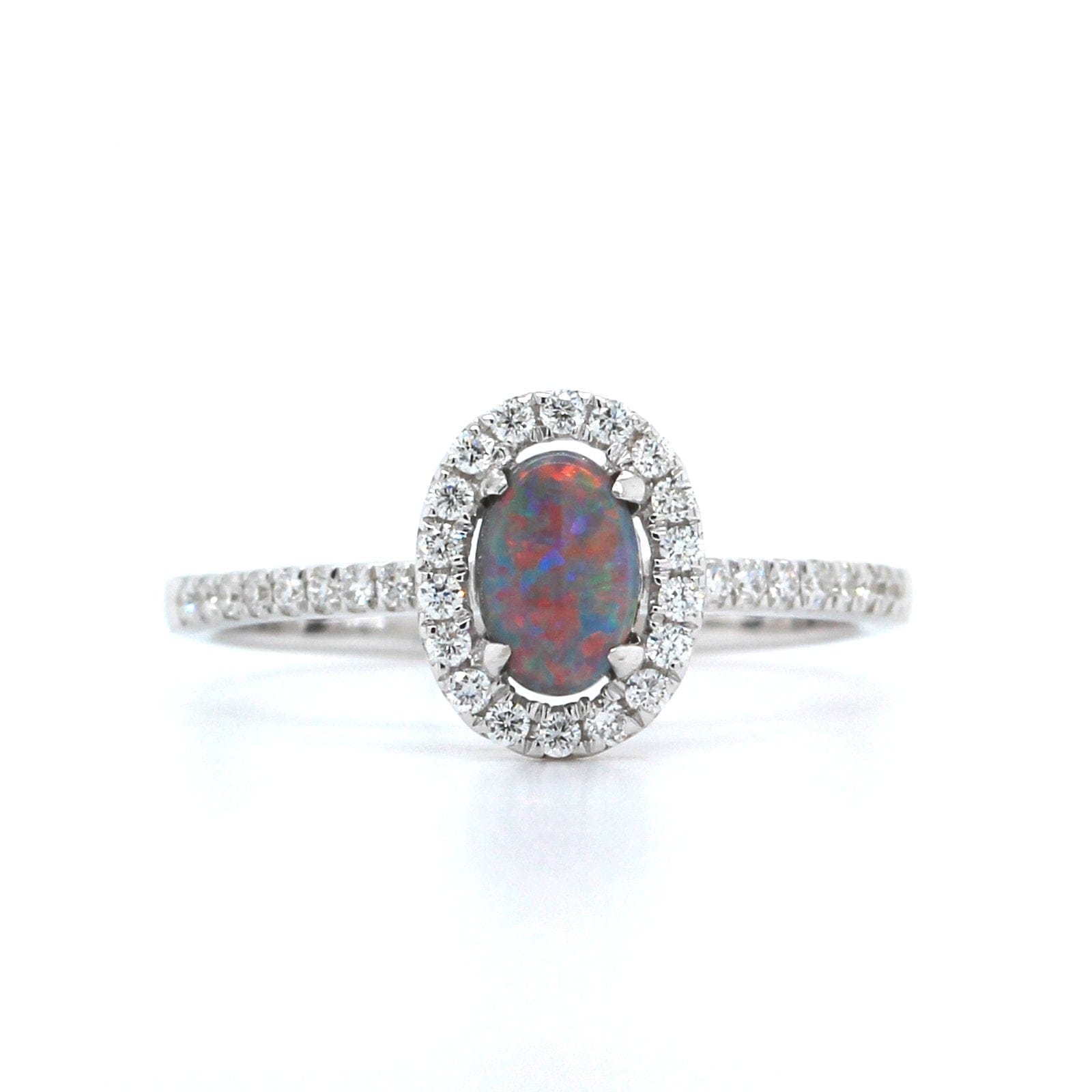 18K White Gold Oval Black Opal and Diamond Halo Ring